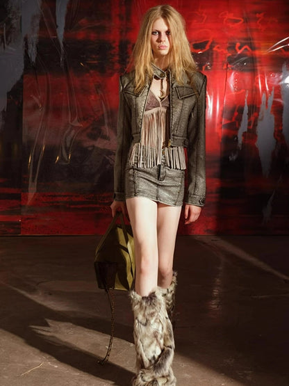 Crocodile Texture Leather Jacket Skirt Set