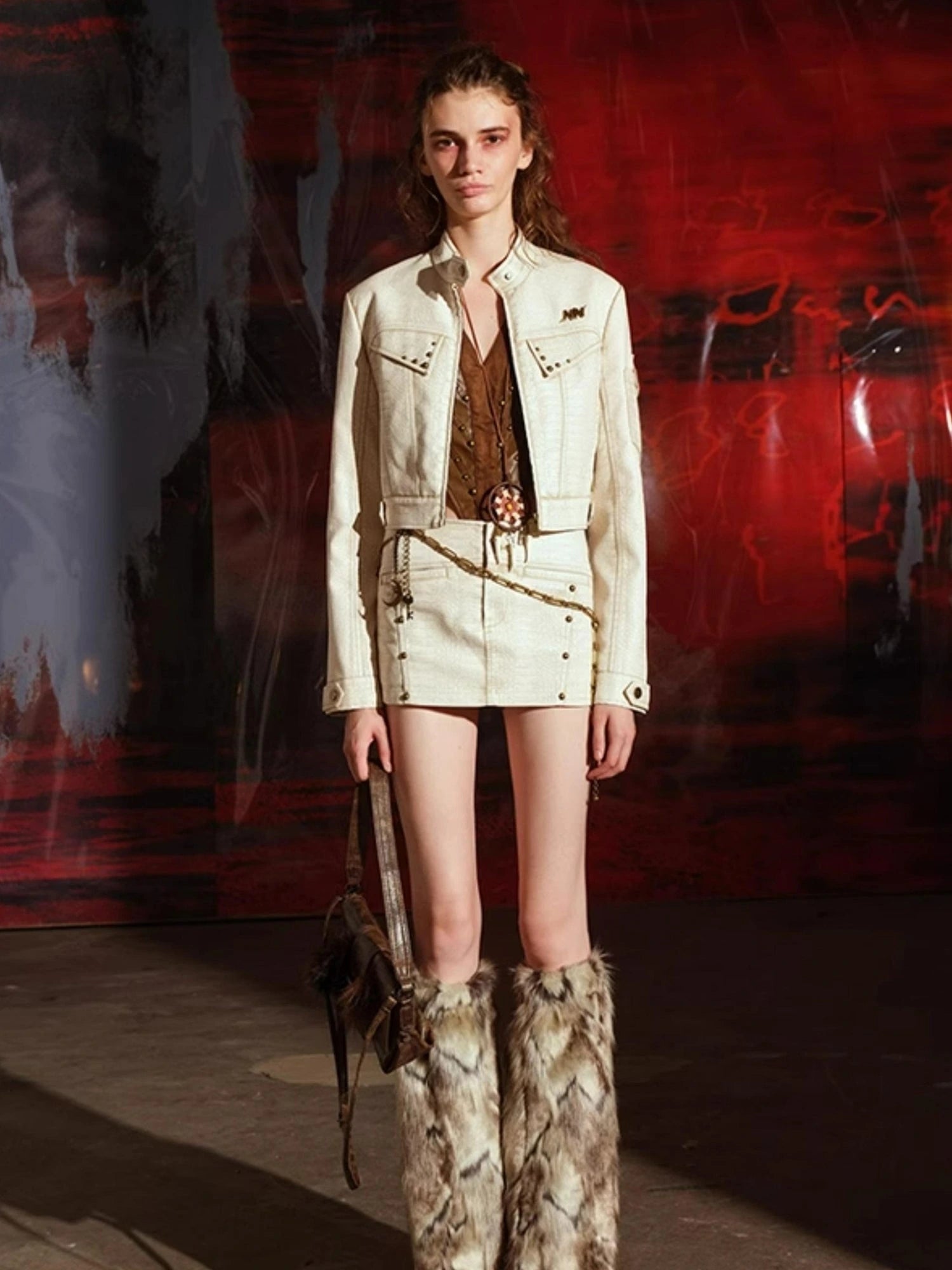 Crocodile Texture Leather Jacket Skirt Set