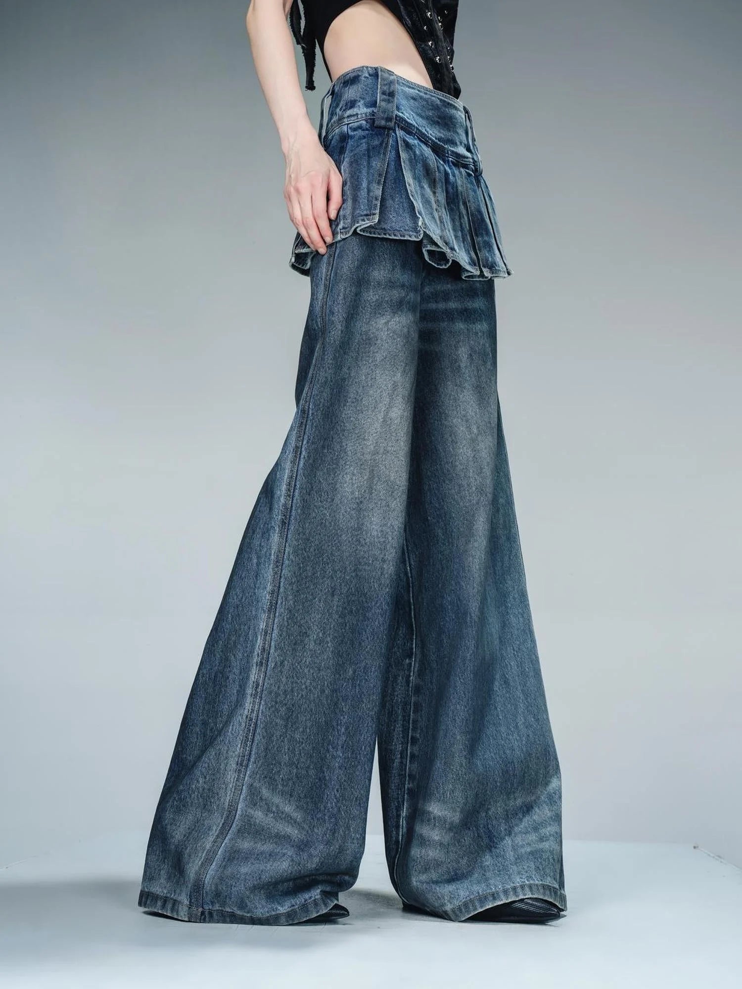 Denim Culottes With Wide Leg And Pleated Detail