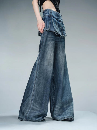 Denim Culottes With Wide Leg And Pleated Detail