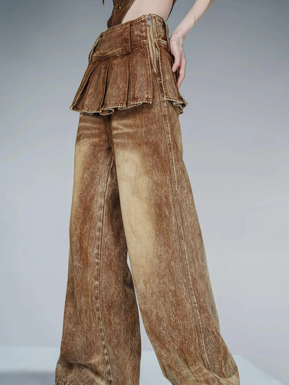 Denim Culottes With Wide Leg And Pleated Detail