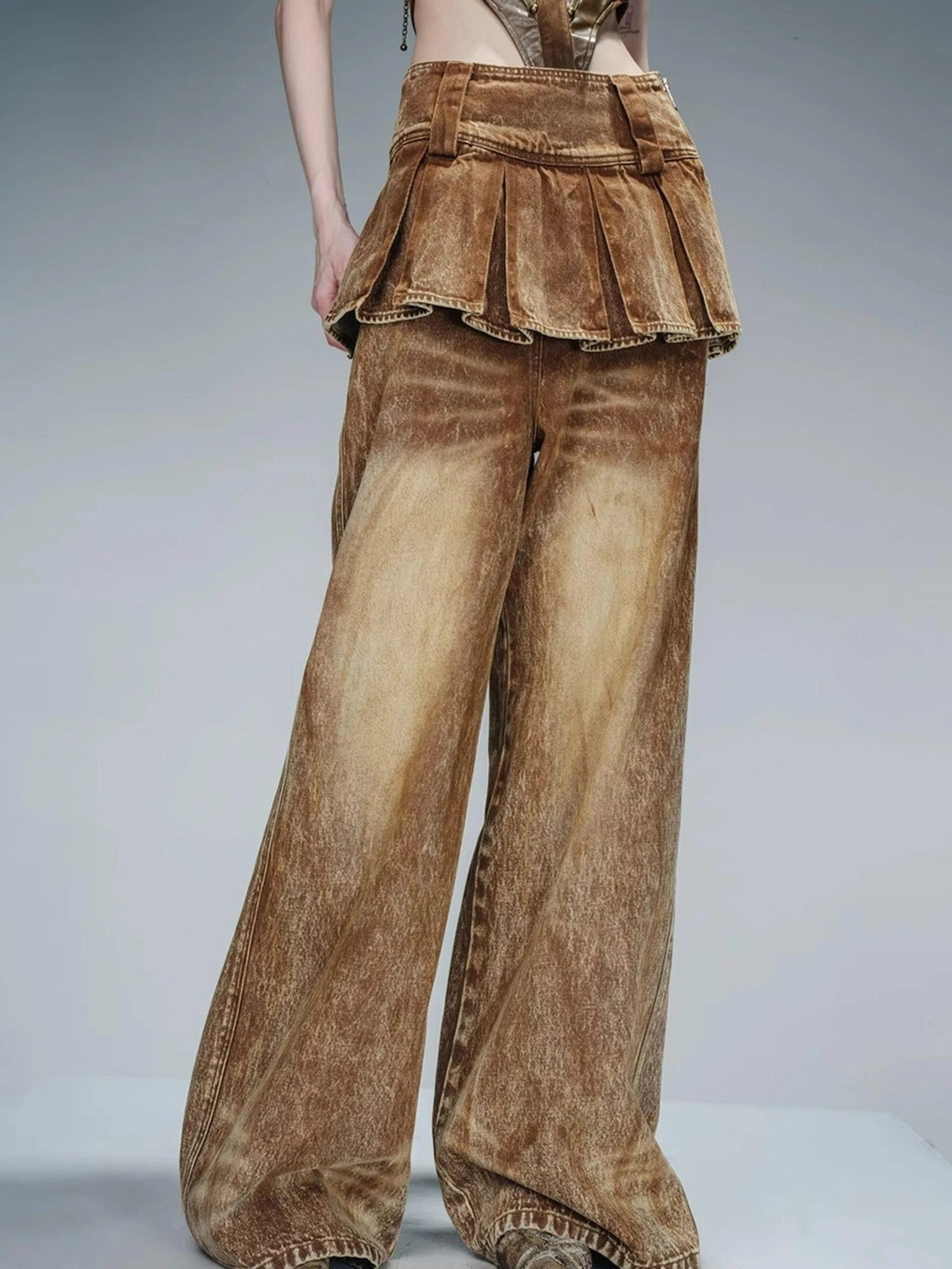 Denim Culottes With Wide Leg And Pleated Detail