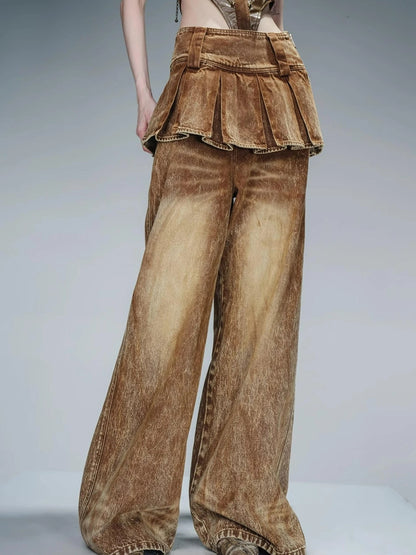 Denim Culottes With Wide Leg And Pleated Detail