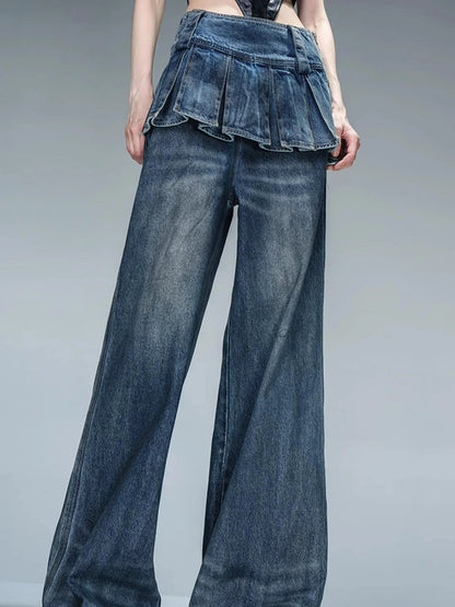 Denim Culottes With Wide Leg And Pleated Detail