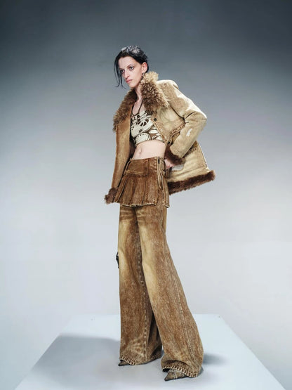 Denim Culottes With Wide Leg And Pleated Detail