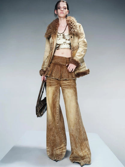 Denim Culottes With Wide Leg And Pleated Detail