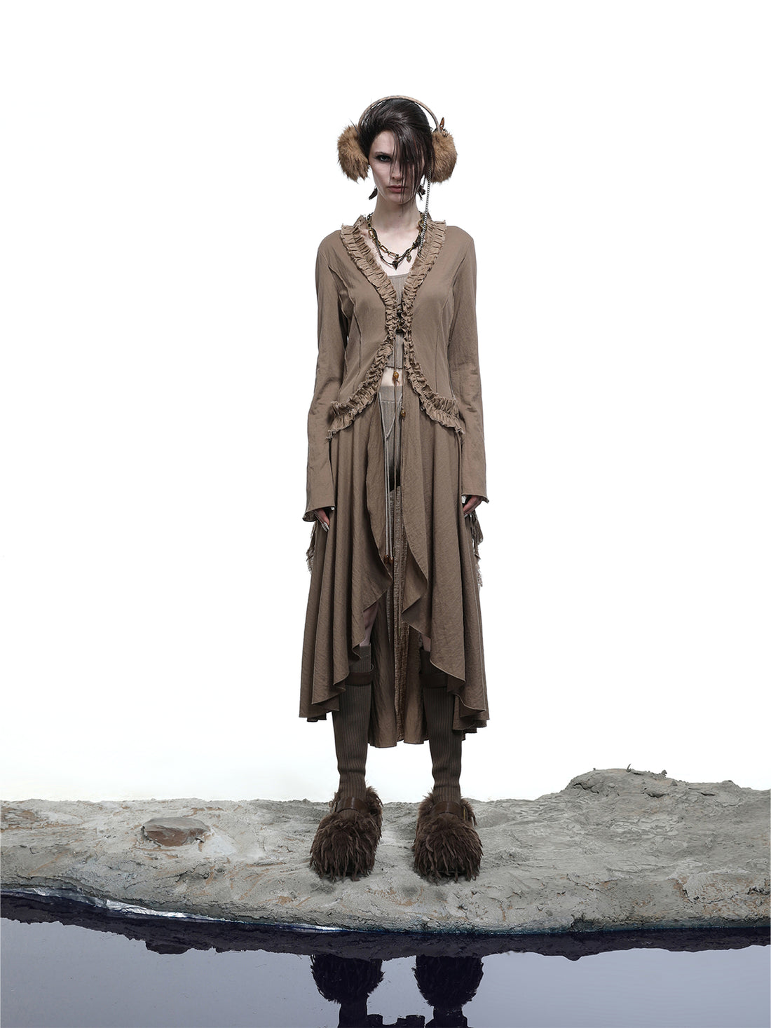NN NORTH NODE Desert Veil Linen Lace Beaded Tie Shirt Dress