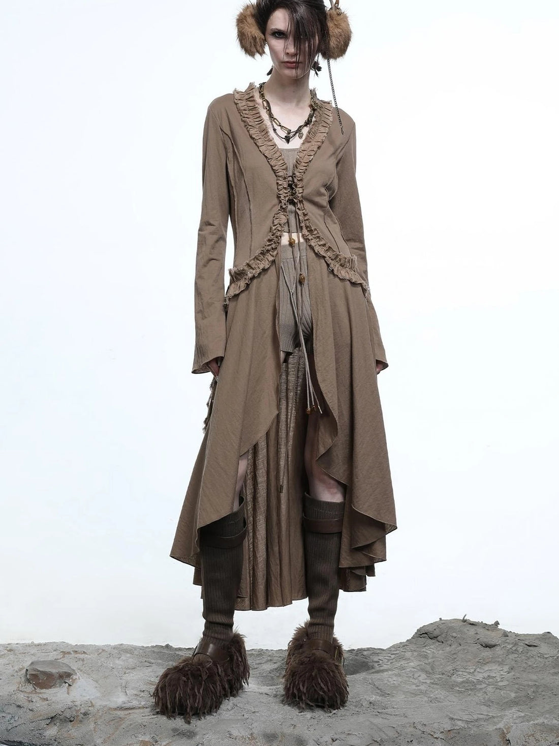 Desert Veil Linen Lace Beaded Tie Shirt Dress