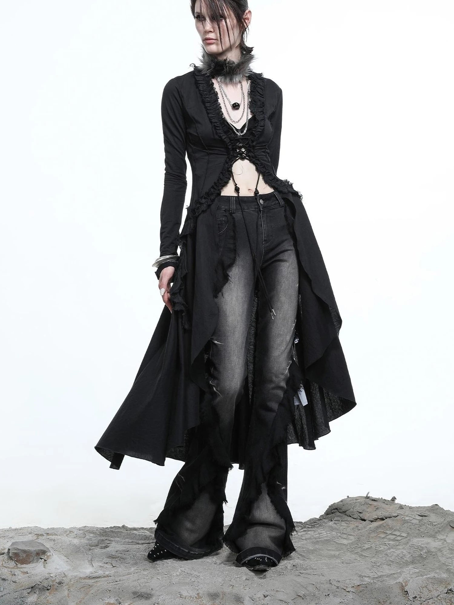 Desert Veil Linen Lace Beaded Tie Shirt Dress