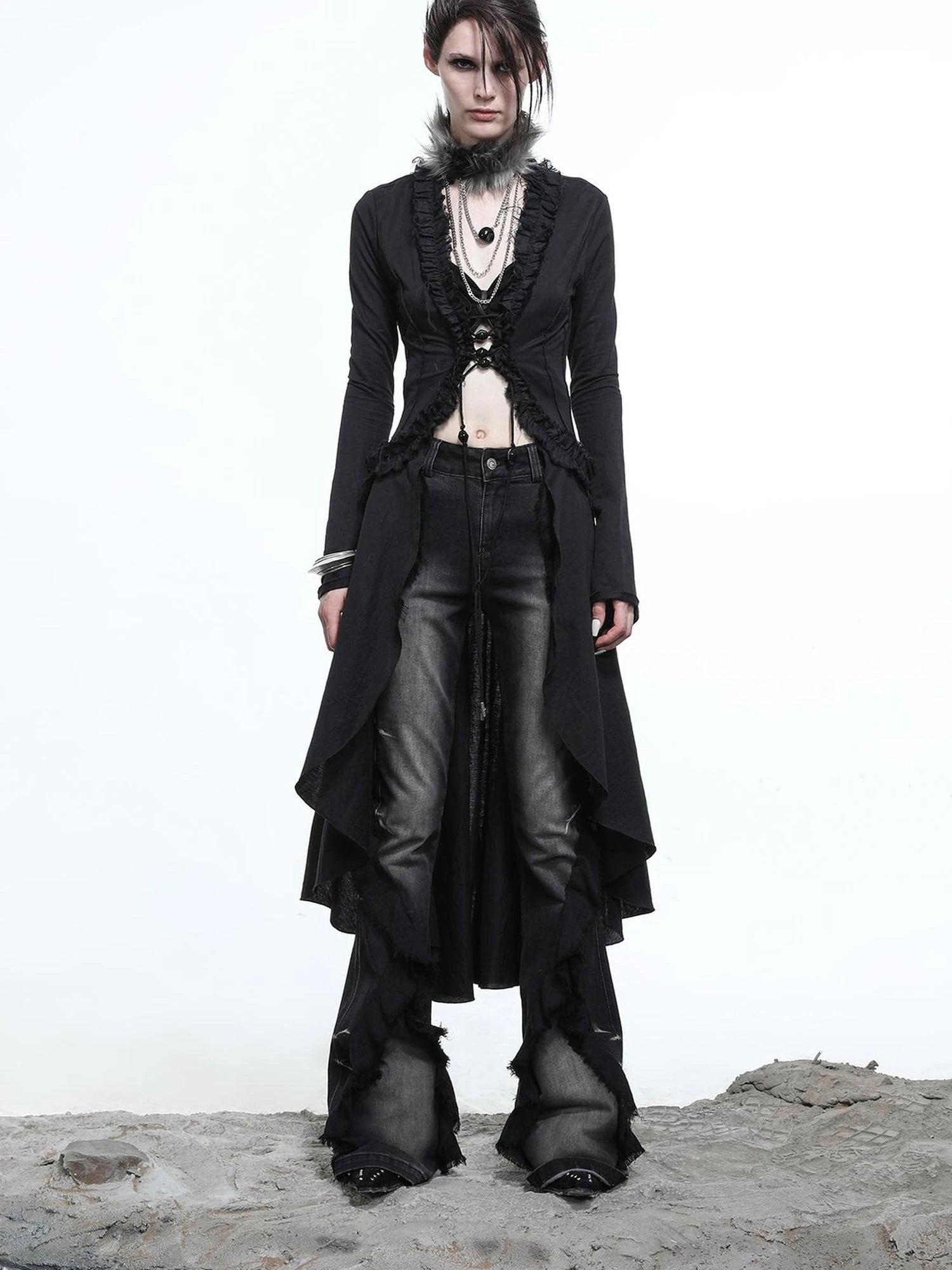 Desert Veil Linen Lace Beaded Tie Shirt Dress