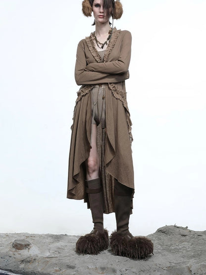 Desert Veil Linen Lace Beaded Tie Shirt Dress