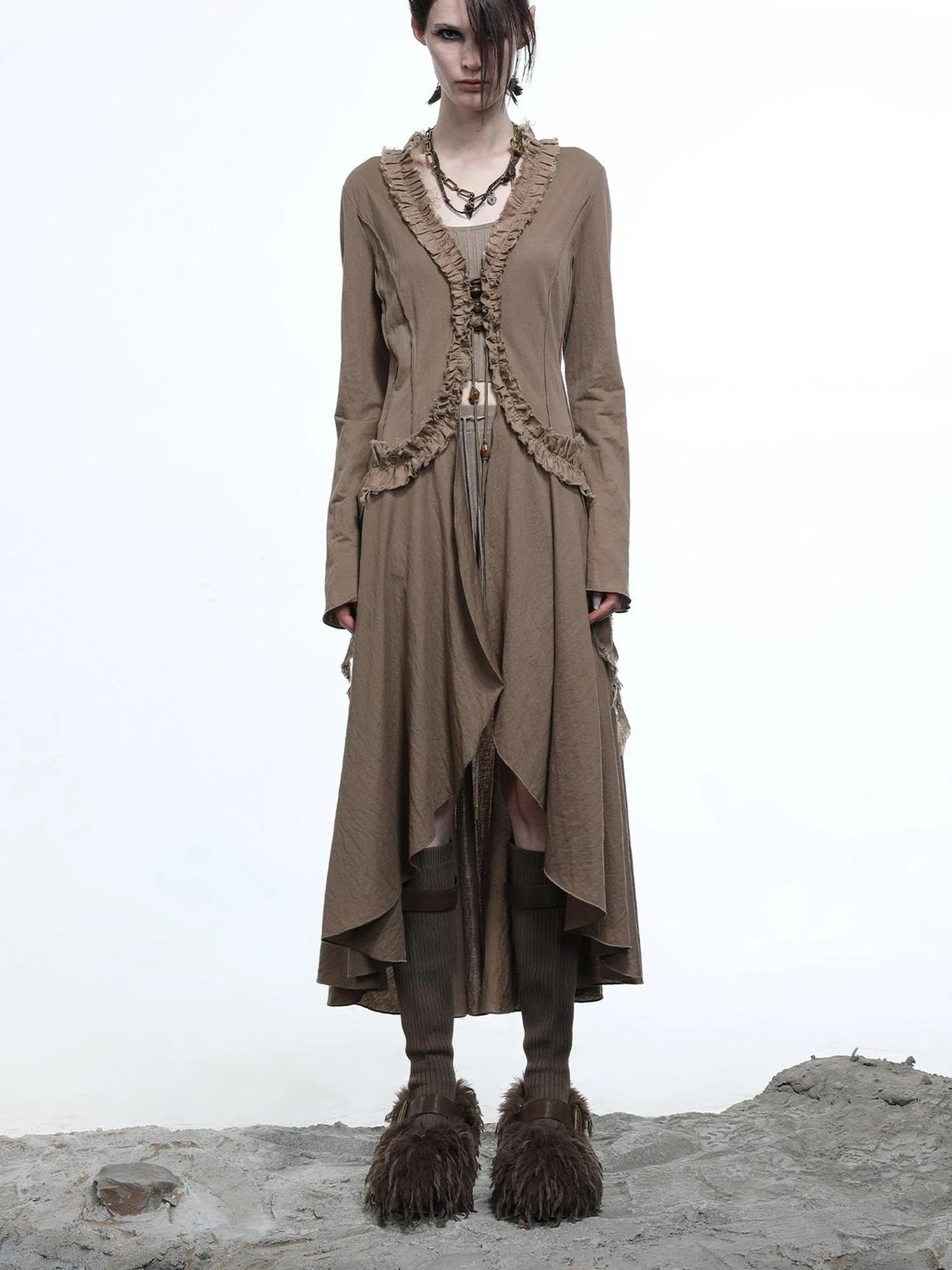 Desert Veil Linen Lace Beaded Tie Shirt Dress