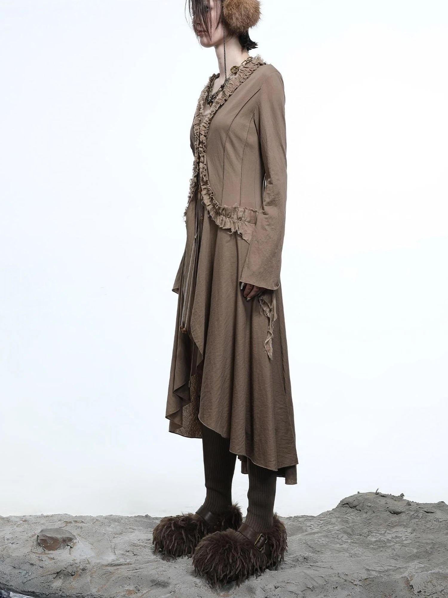 Desert Veil Linen Lace Beaded Tie Shirt Dress