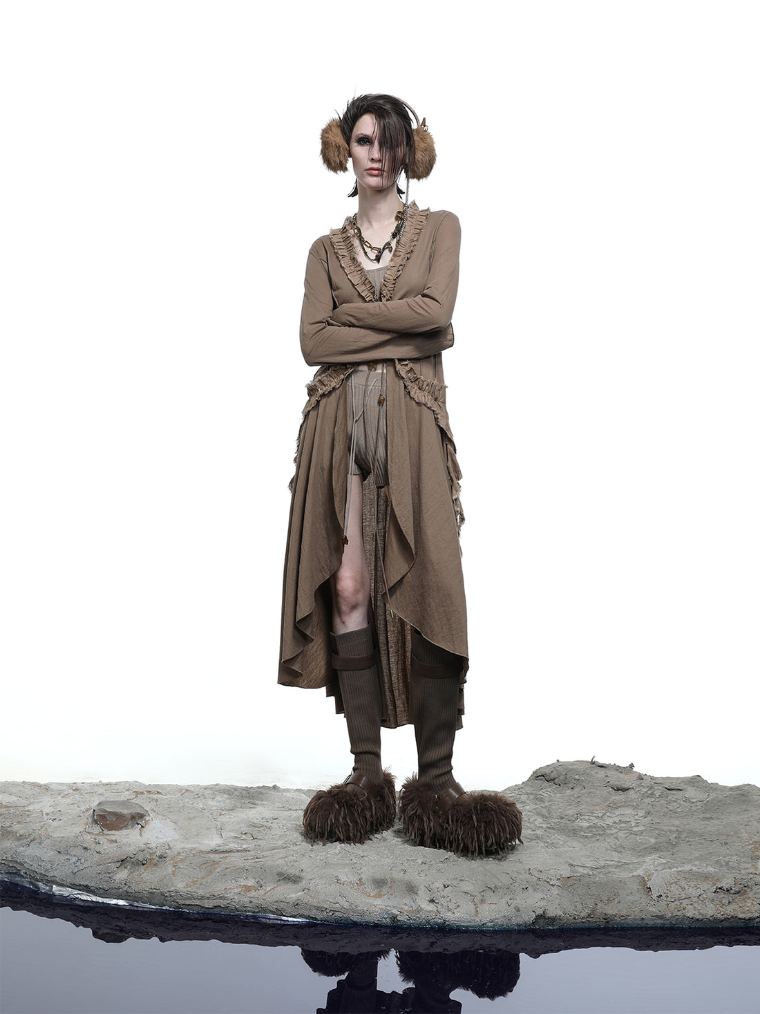 NN NORTH NODE Desert Veil Linen Lace Beaded Tie Shirt Dress