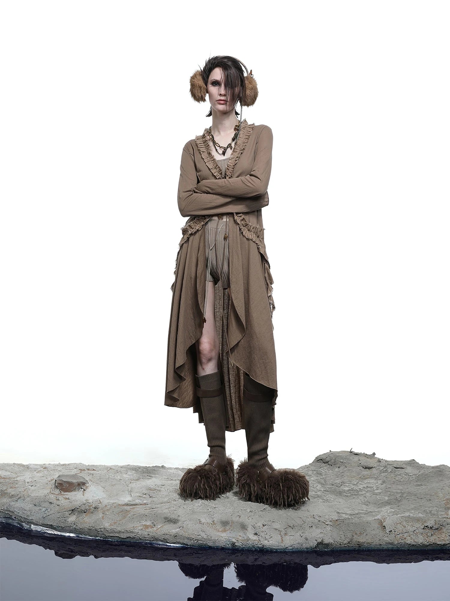 Desert Veil Linen Lace Beaded Tie Shirt Dress