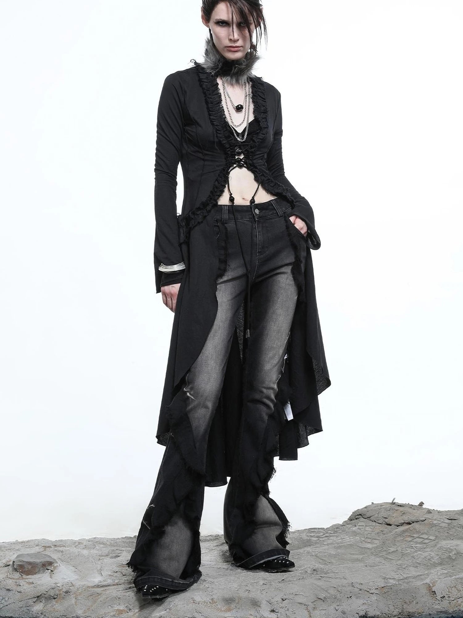 Desert Veil Linen Lace Beaded Tie Shirt Dress