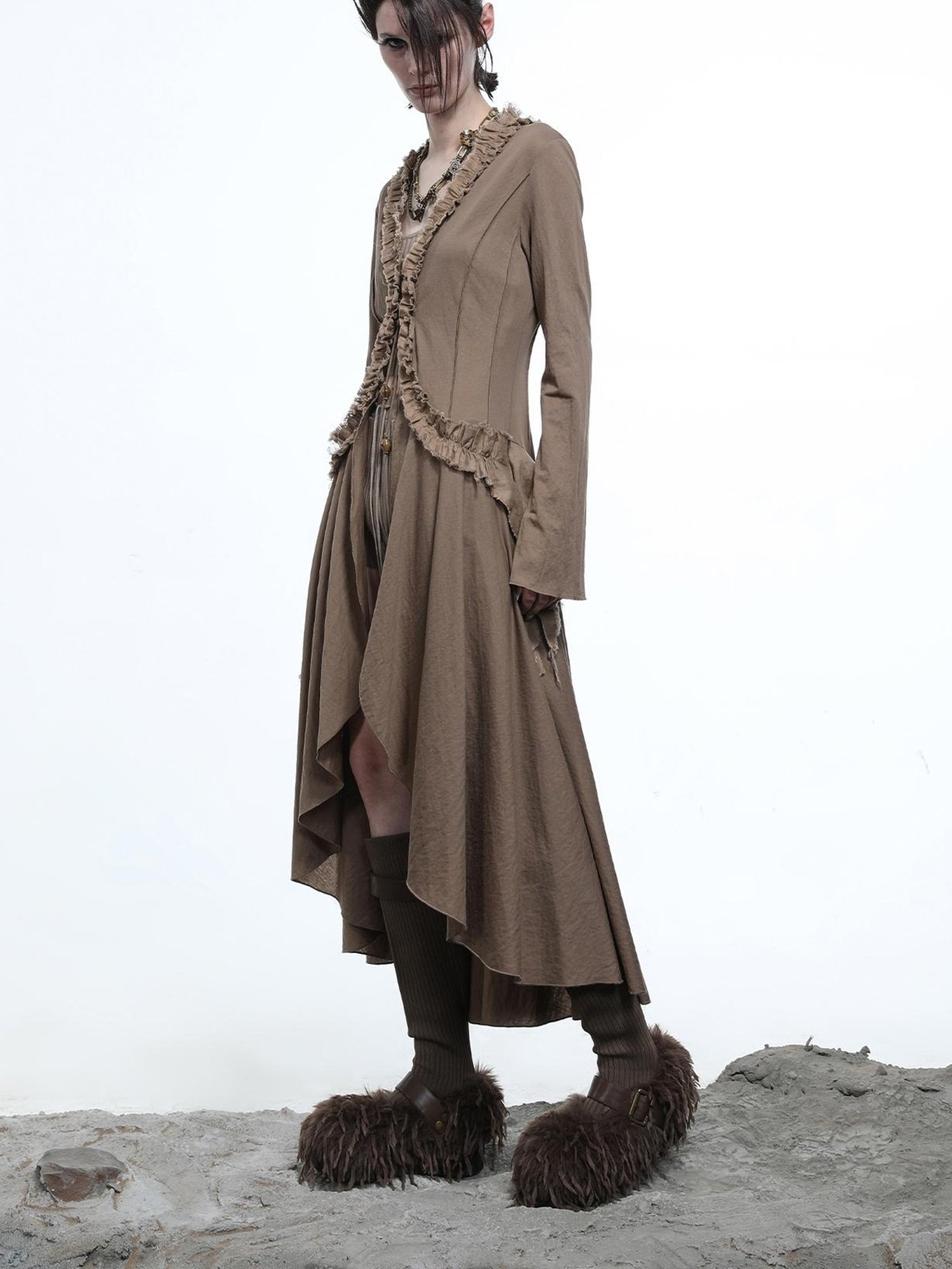 NN NORTH NODE Desert Veil Linen Lace Beaded Tie Shirt Dress