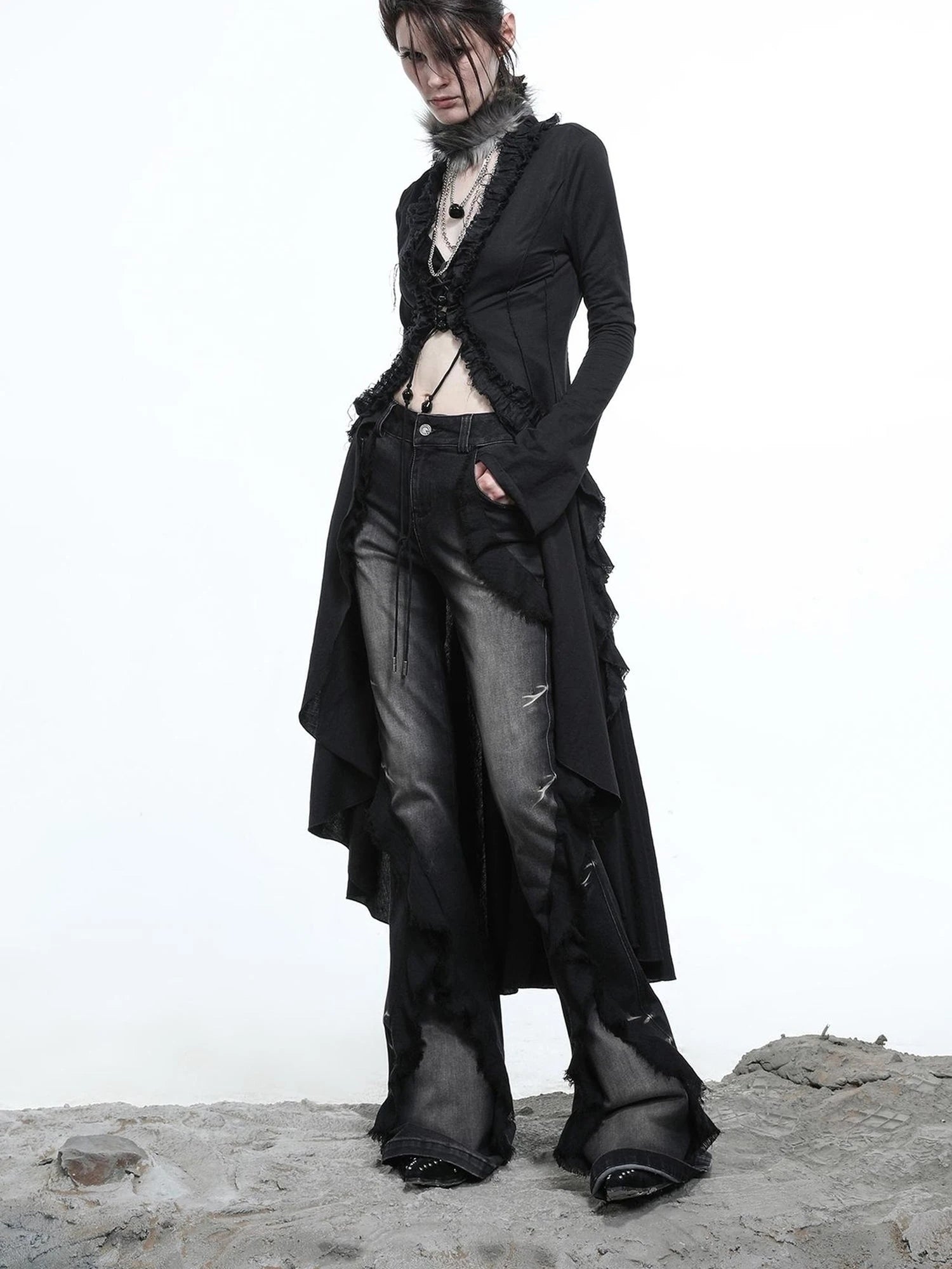 Desert Veil Linen Lace Beaded Tie Shirt Dress