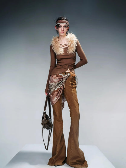 NN NORTH NODE Detachable Fur Collar Knit Top With Asymmetric Hem