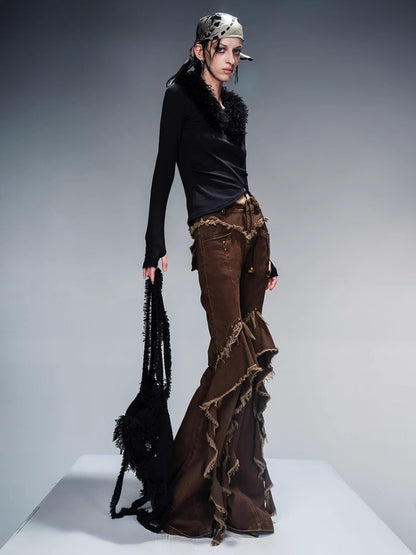 NN NORTH NODE Detachable Fur Collar Knit Top With Asymmetric Hem