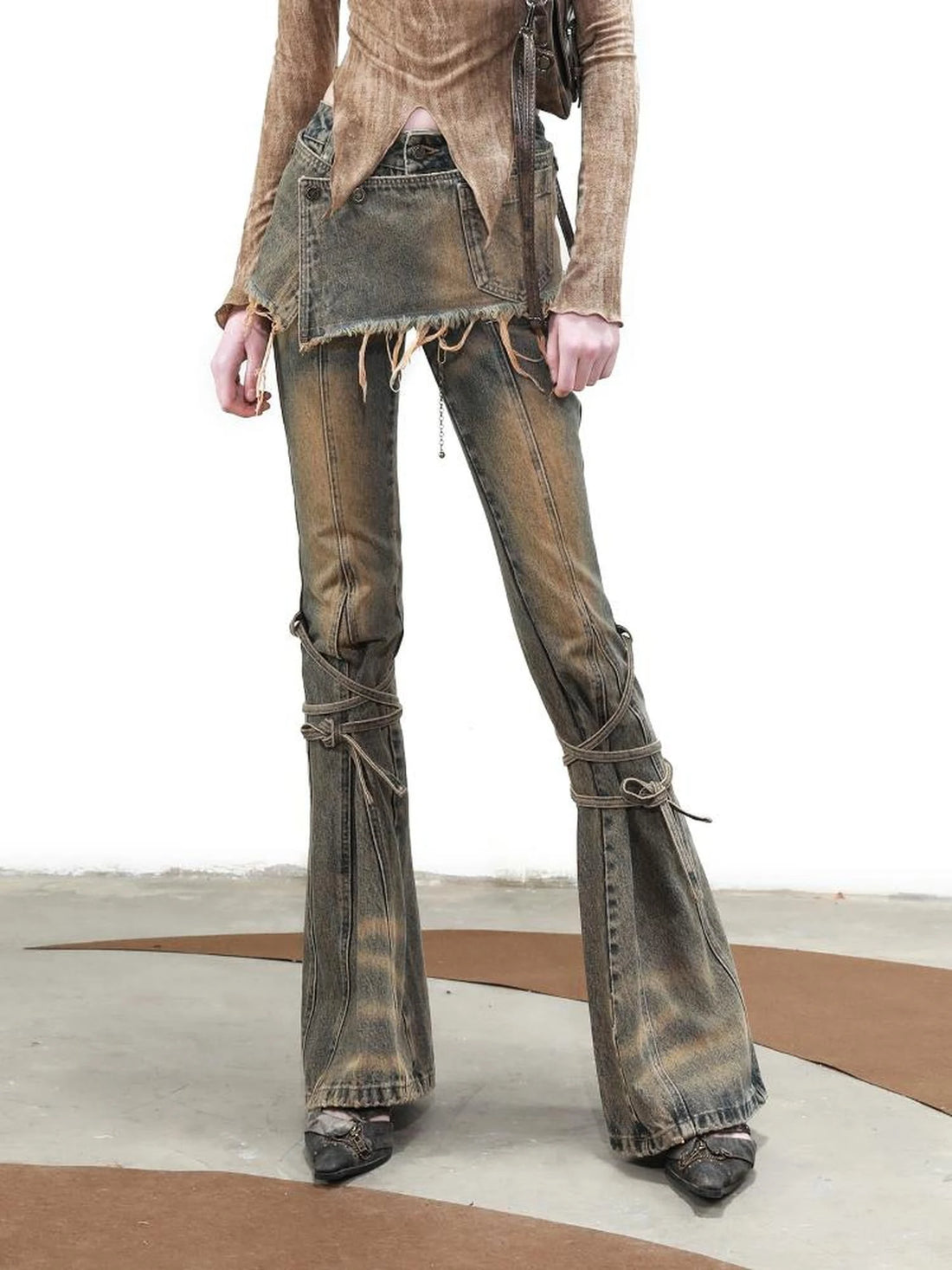 Dirty Wash Tied Hem Flared Denim Culottes