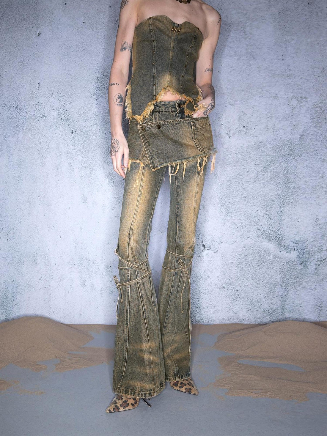 UpdateNN NORTH NODE Dirty Wash Tied Hem Flared Denim Culottes