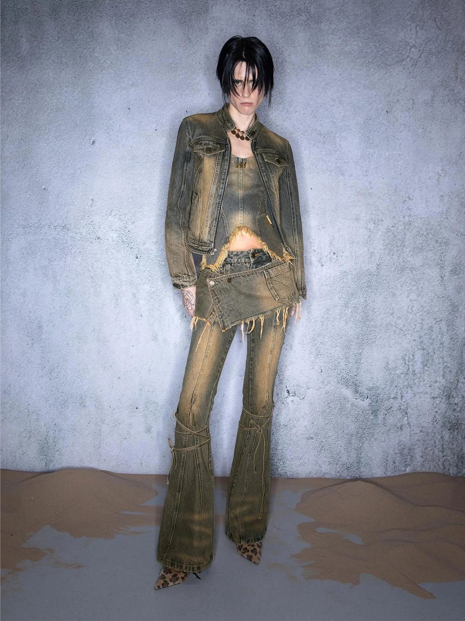 Dirty Wash Tied Hem Flared Denim Culottes