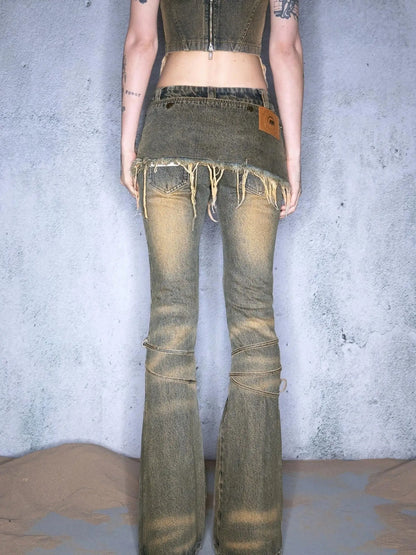 Dirty Wash Tied Hem Flared Denim Culottes