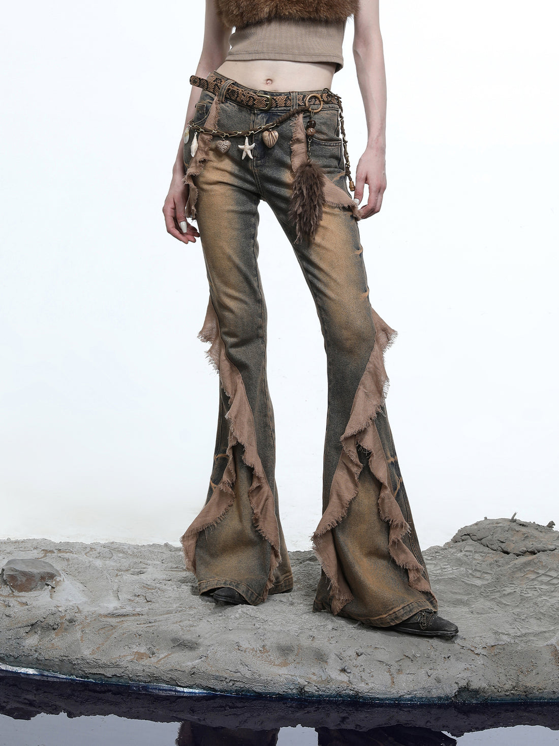 NN NORTH NODE Distressed Denim Flared Pants With Cape Detailing