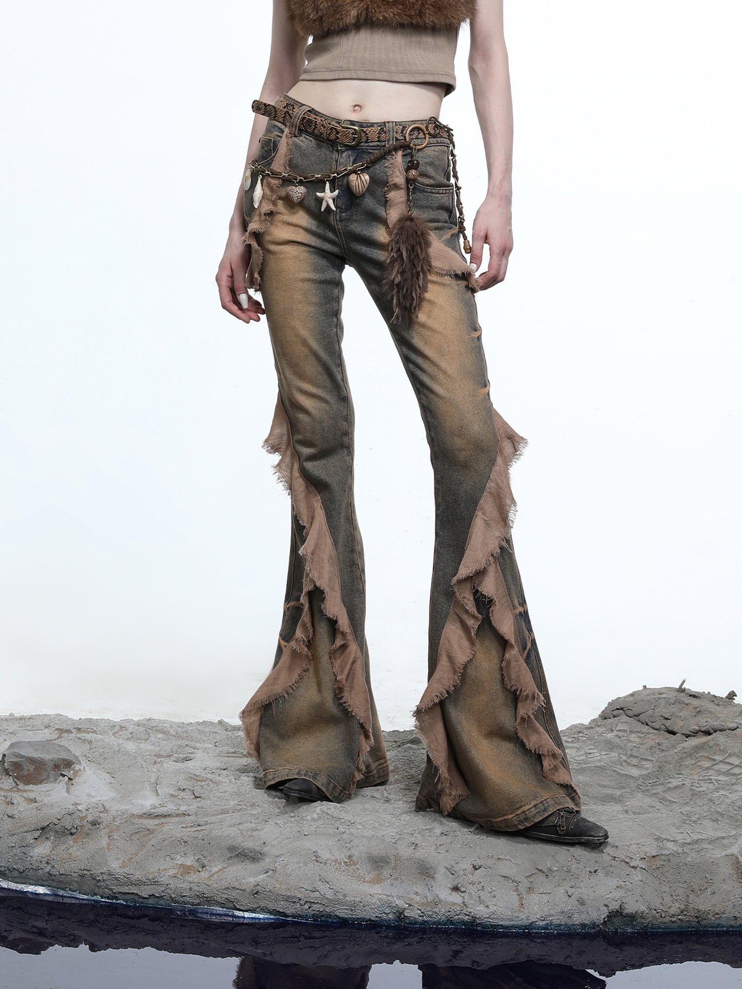 NN NORTH NODE Distressed Denim Flared Pants With Cape Detailing