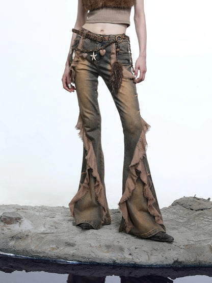 Distressed Denim Flared Pants With Cape Detailing