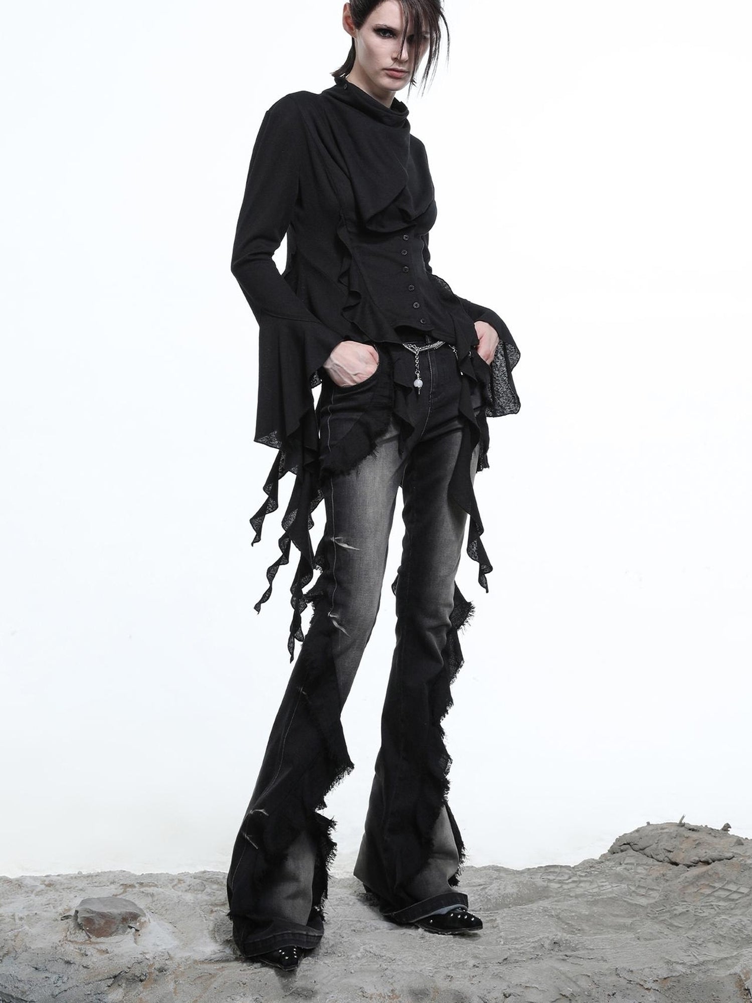 NN NORTH NODE Distressed Denim Flared Pants With Cape Detailing