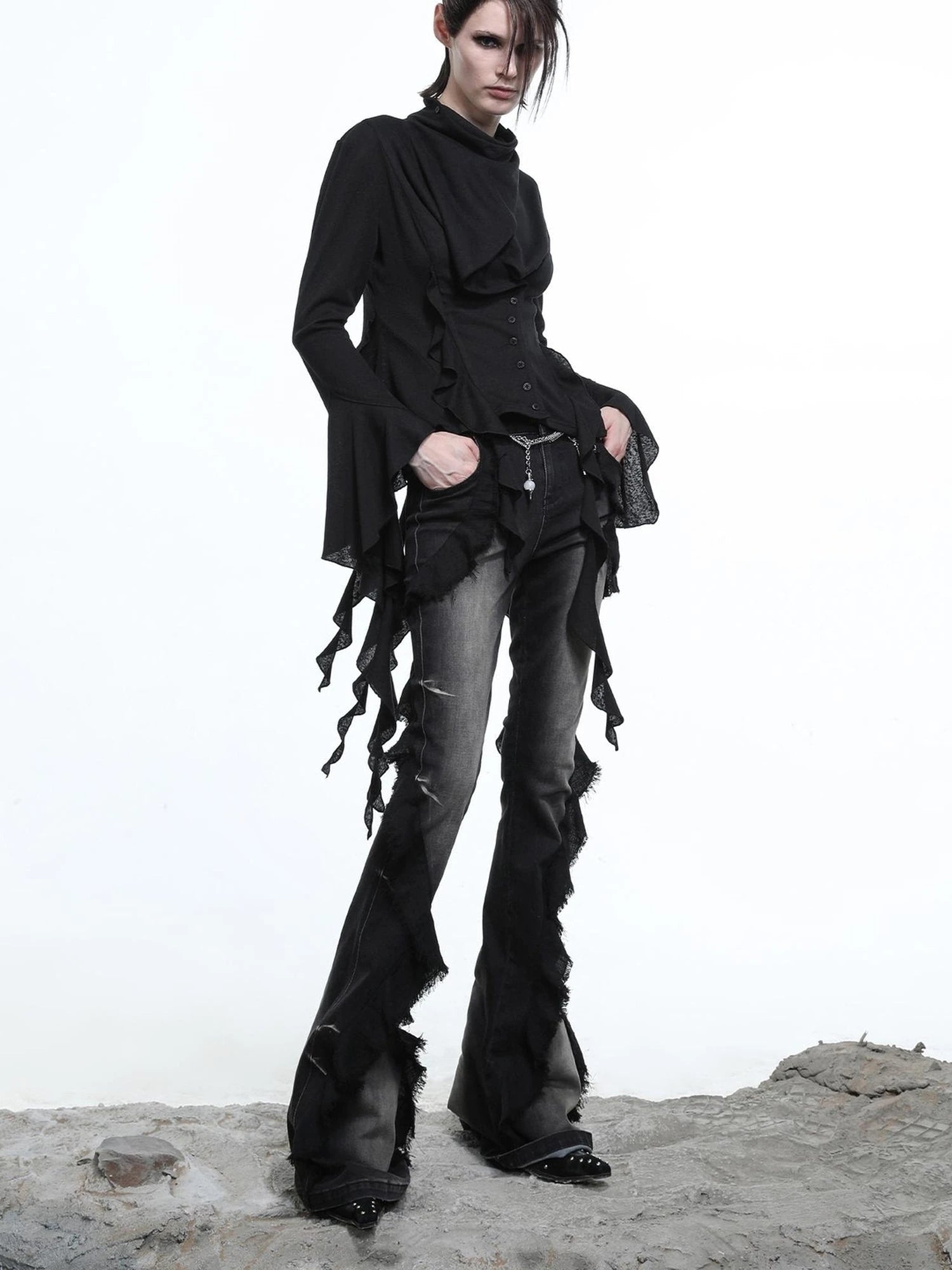 Distressed Denim Flared Pants With Cape Detailing