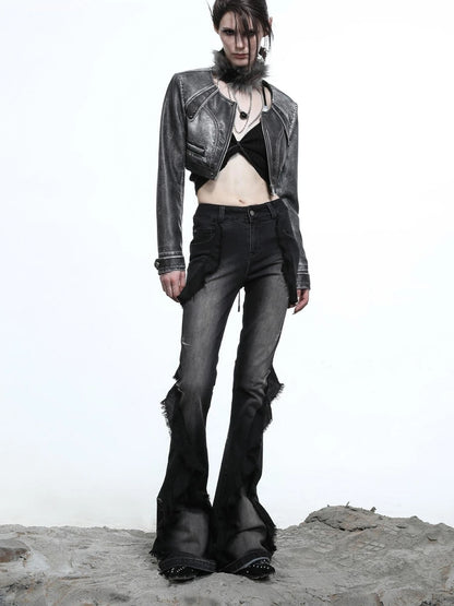 Distressed Denim Flared Pants With Cape Detailing