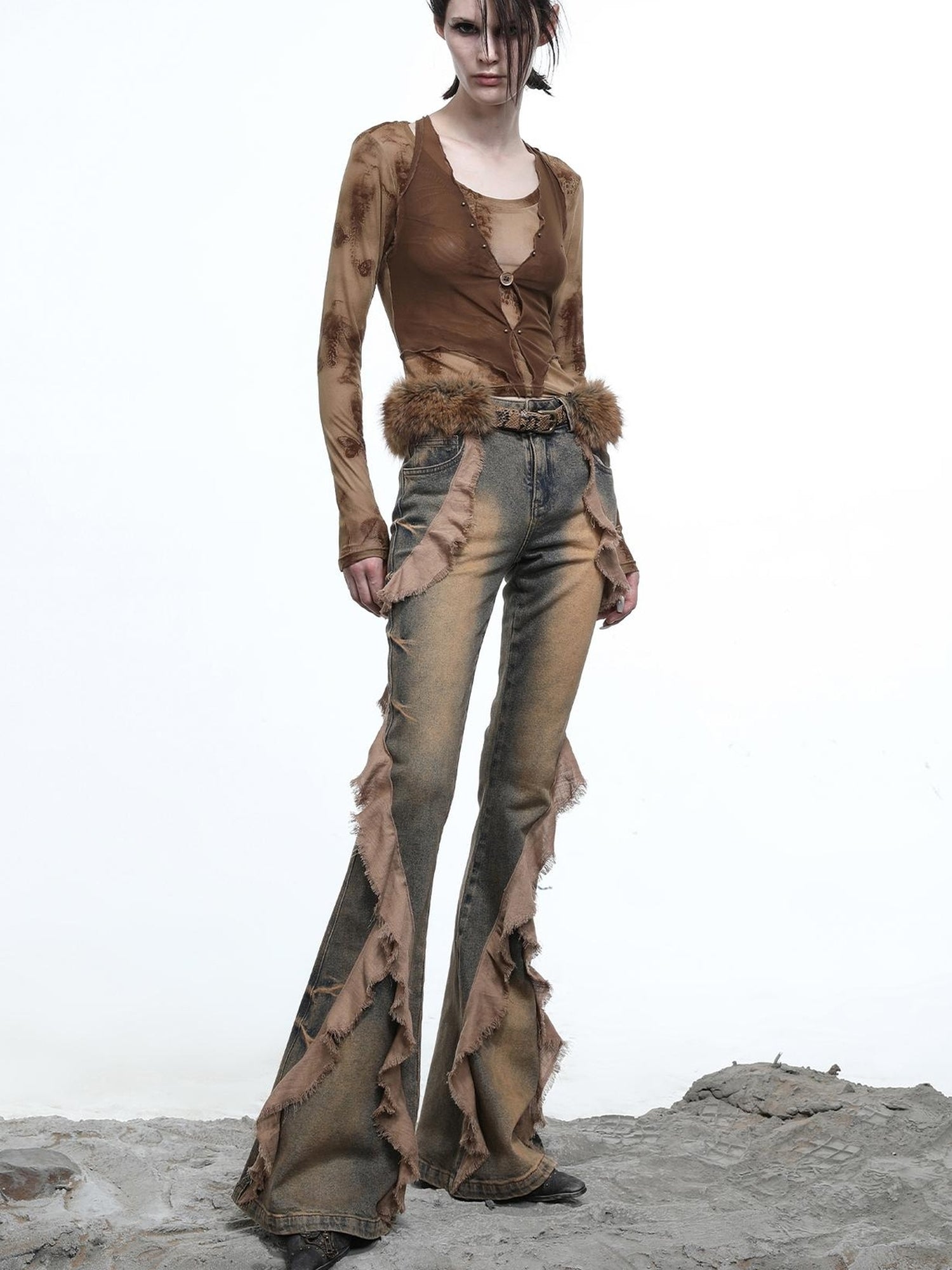 NN NORTH NODE Distressed Denim Flared Pants With Cape Detailing