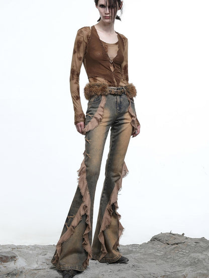 NN NORTH NODE Distressed Denim Flared Pants With Cape Detailing