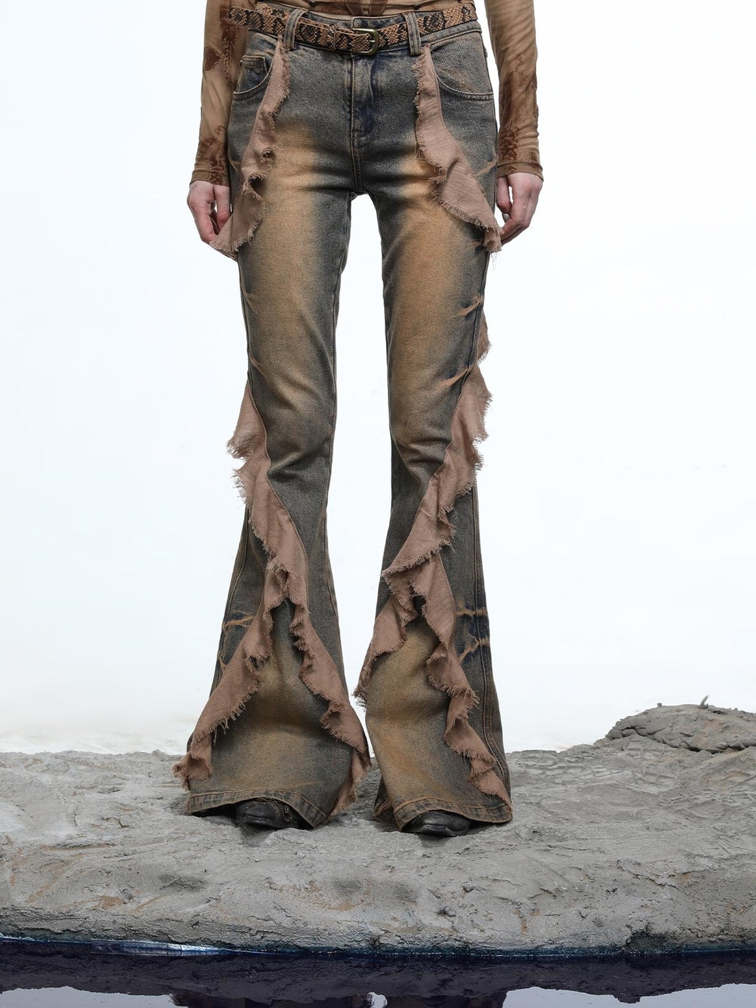NN NORTH NODE Distressed Denim Flared Pants With Cape Detailing