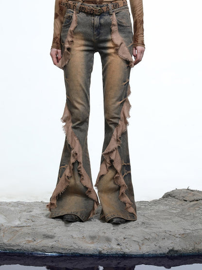 NN NORTH NODE Distressed Denim Flared Pants With Cape Detailing