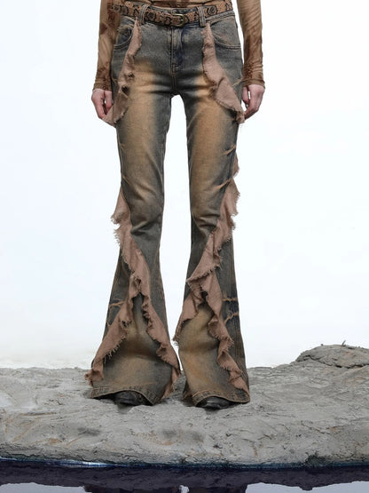 Distressed Denim Flared Pants With Cape Detailing