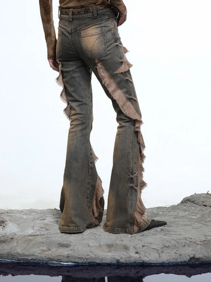 Distressed Denim Flared Pants With Cape Detailing
