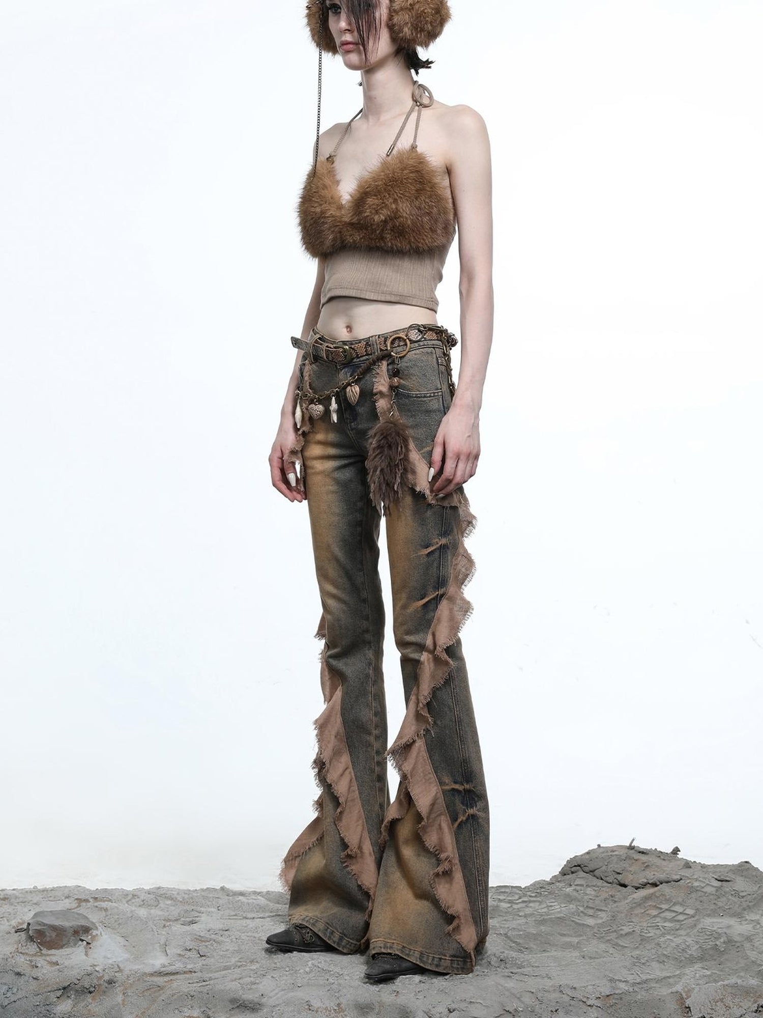 NN NORTH NODE Distressed Denim Flared Pants With Cape Detailing