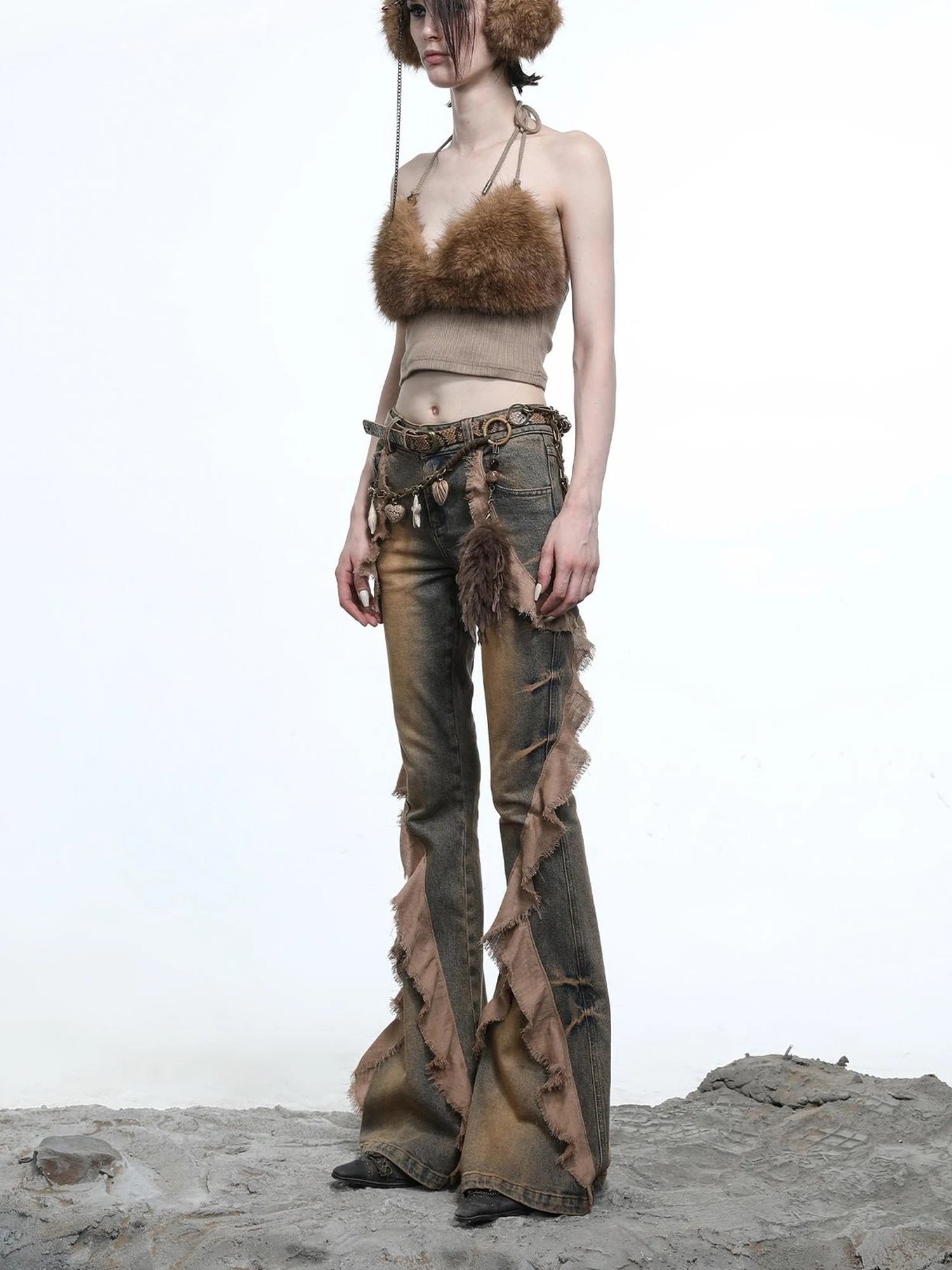 Distressed Denim Flared Pants With Cape Detailing