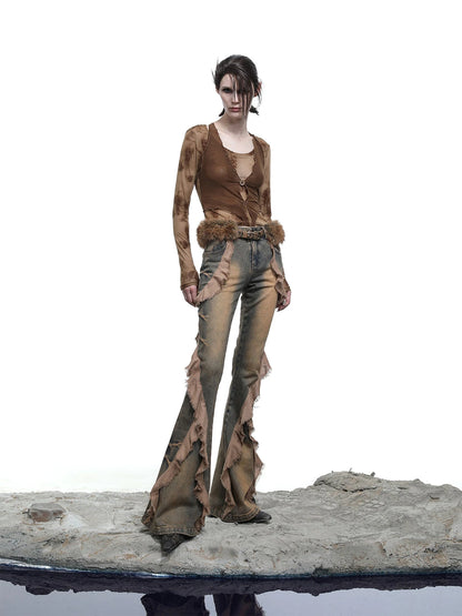 Distressed Denim Flared Pants With Cape Detailing