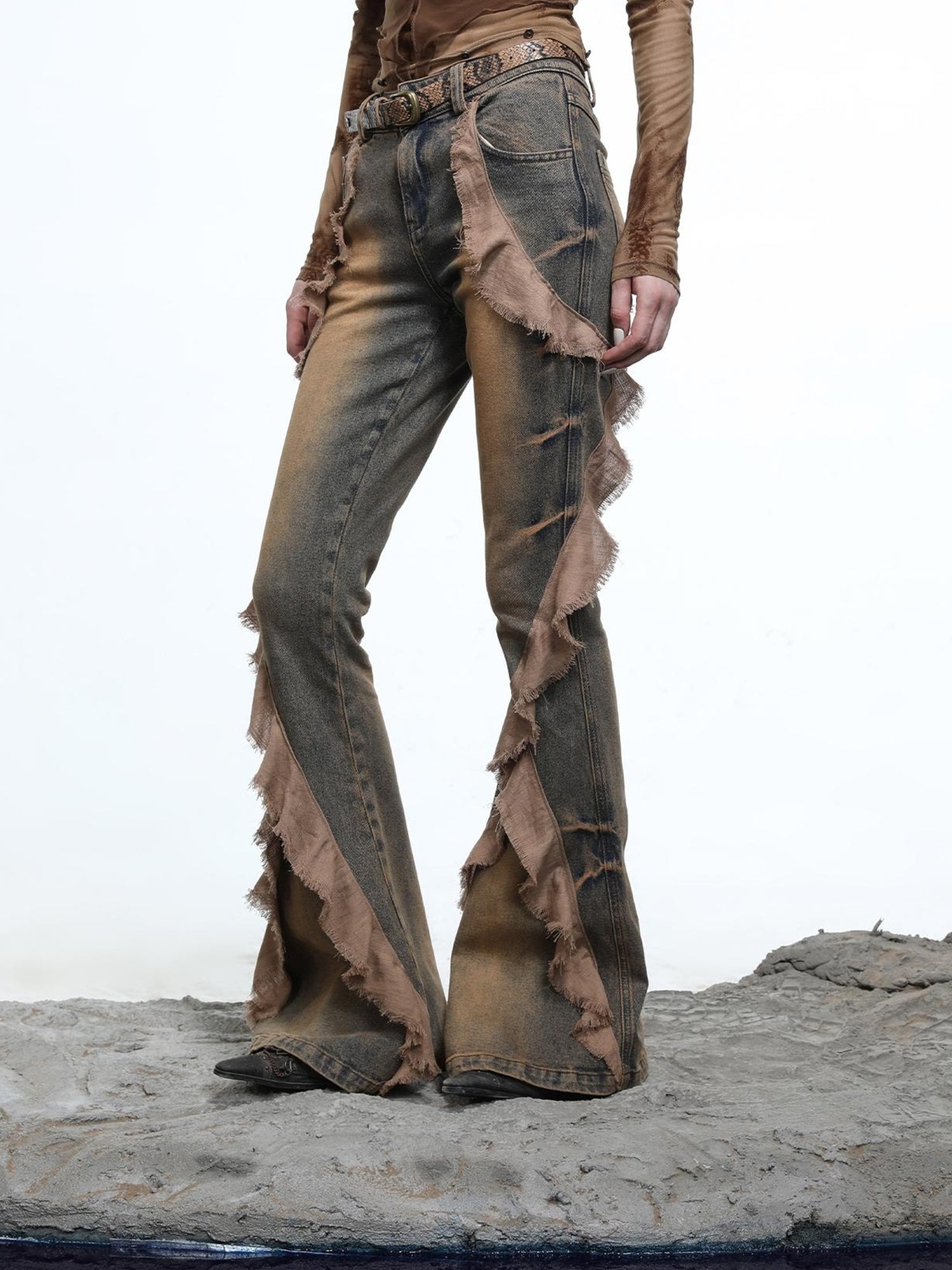 NN NORTH NODE Distressed Denim Flared Pants With Cape Detailing