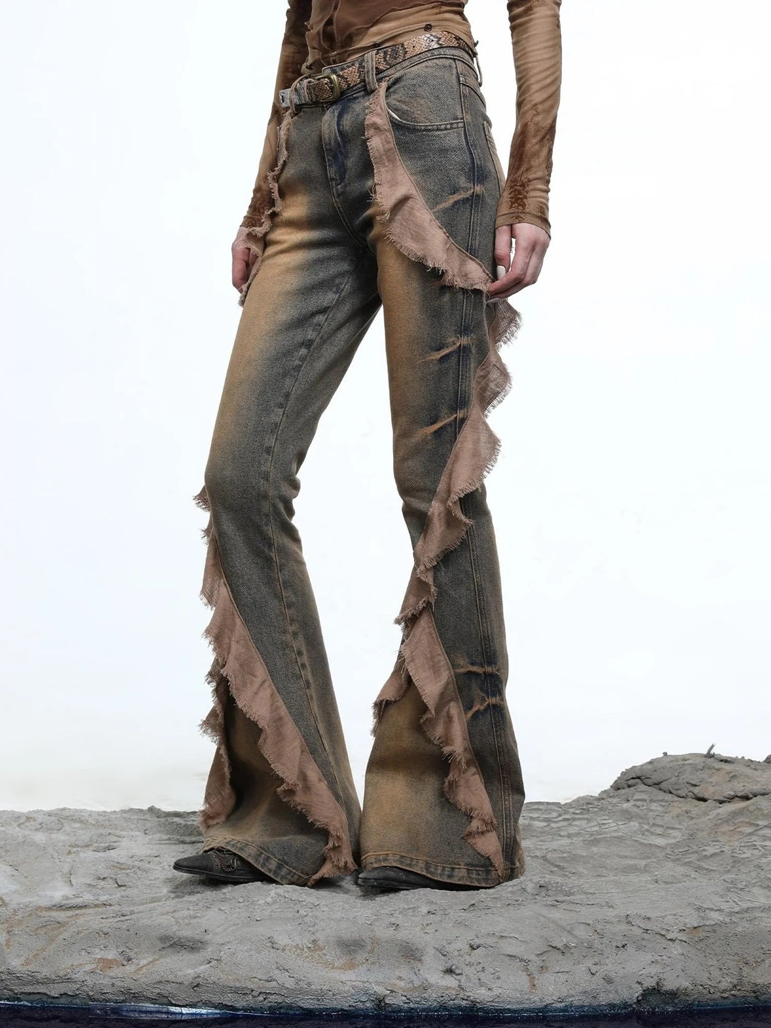 Distressed Denim Flared Pants With Cape Detailing