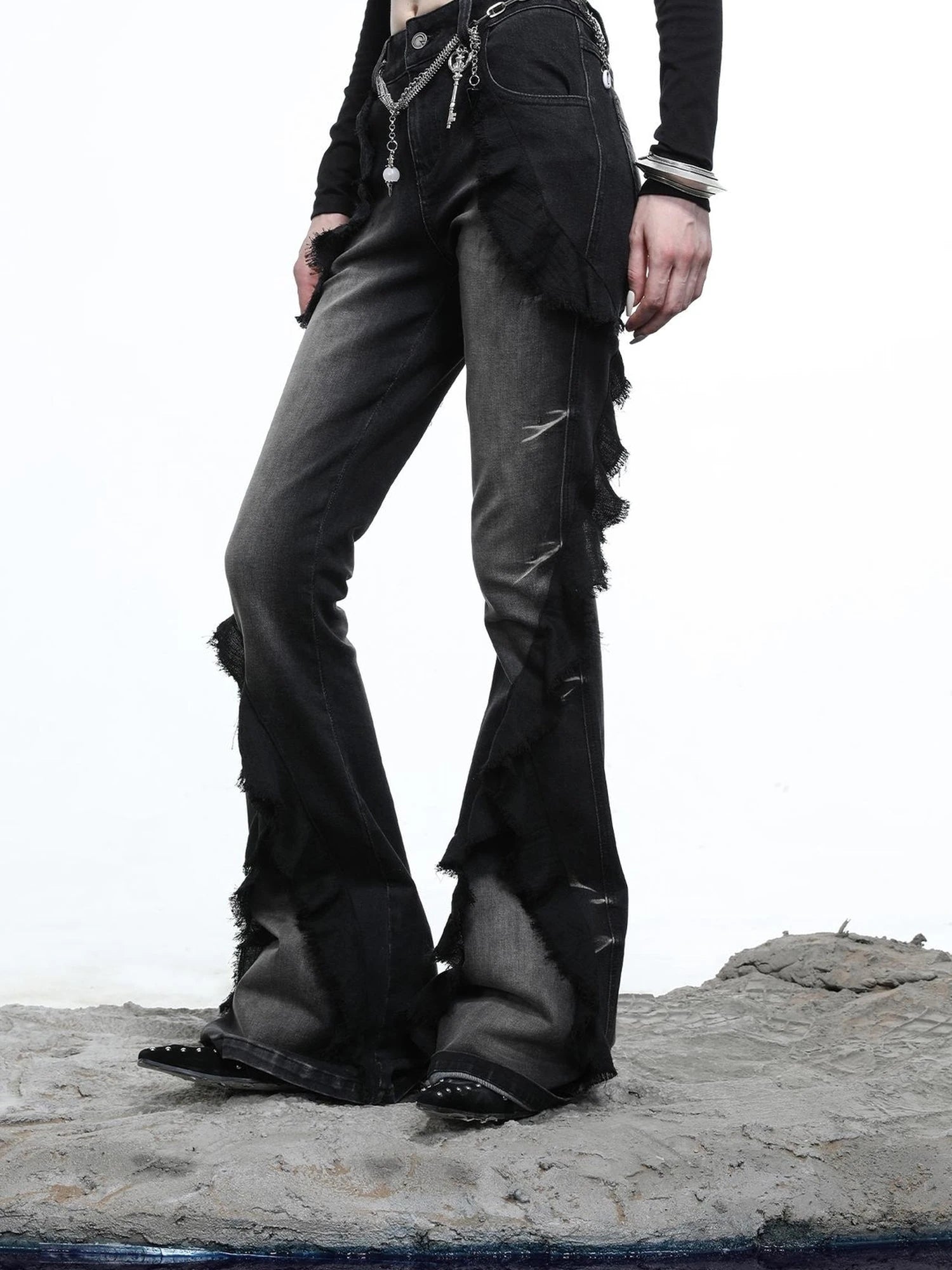 Distressed Denim Flared Pants With Cape Detailing