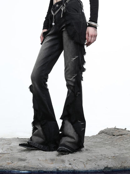 Distressed Denim Flared Pants With Cape Detailing