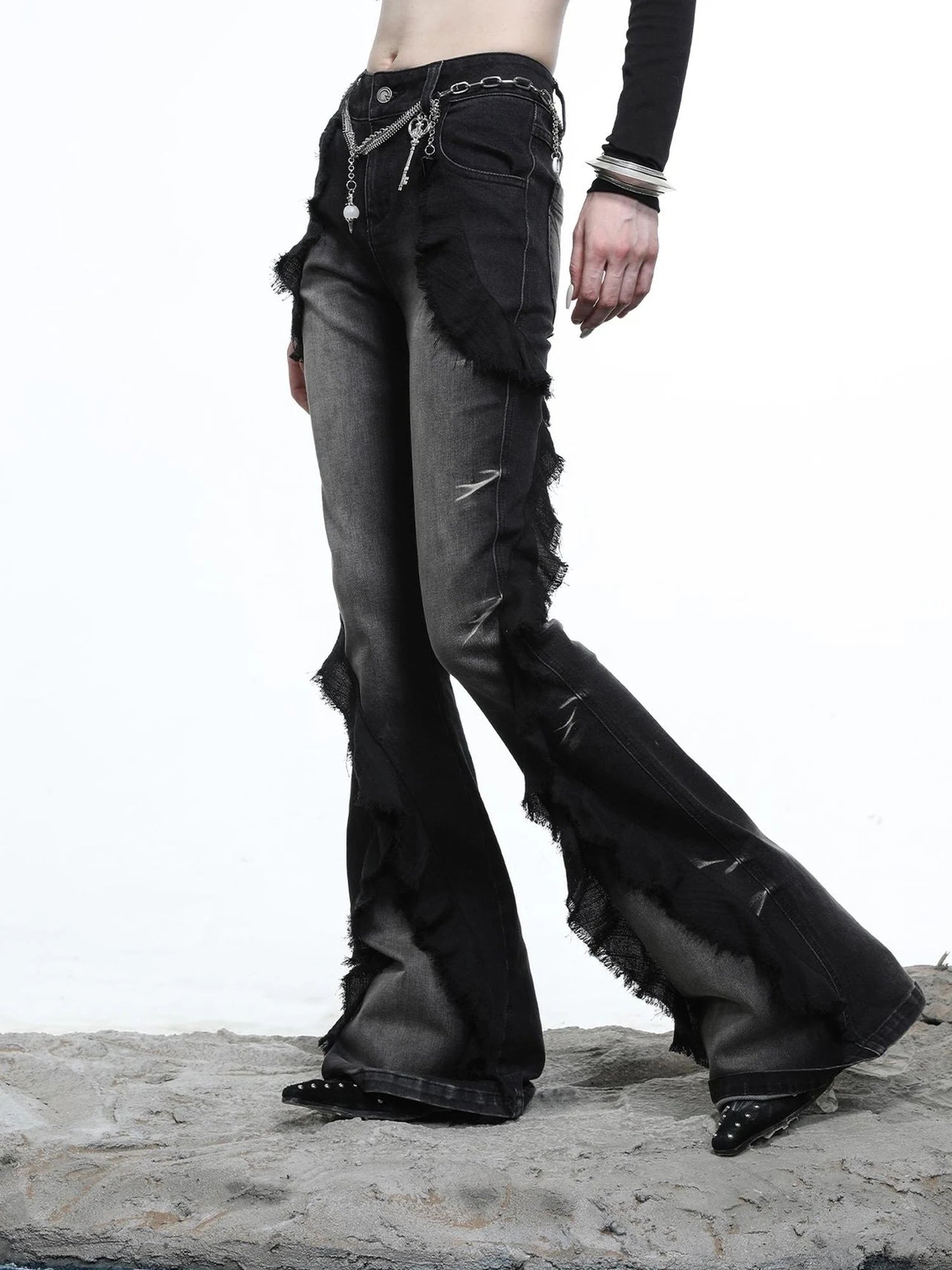 Distressed Denim Flared Pants With Cape Detailing