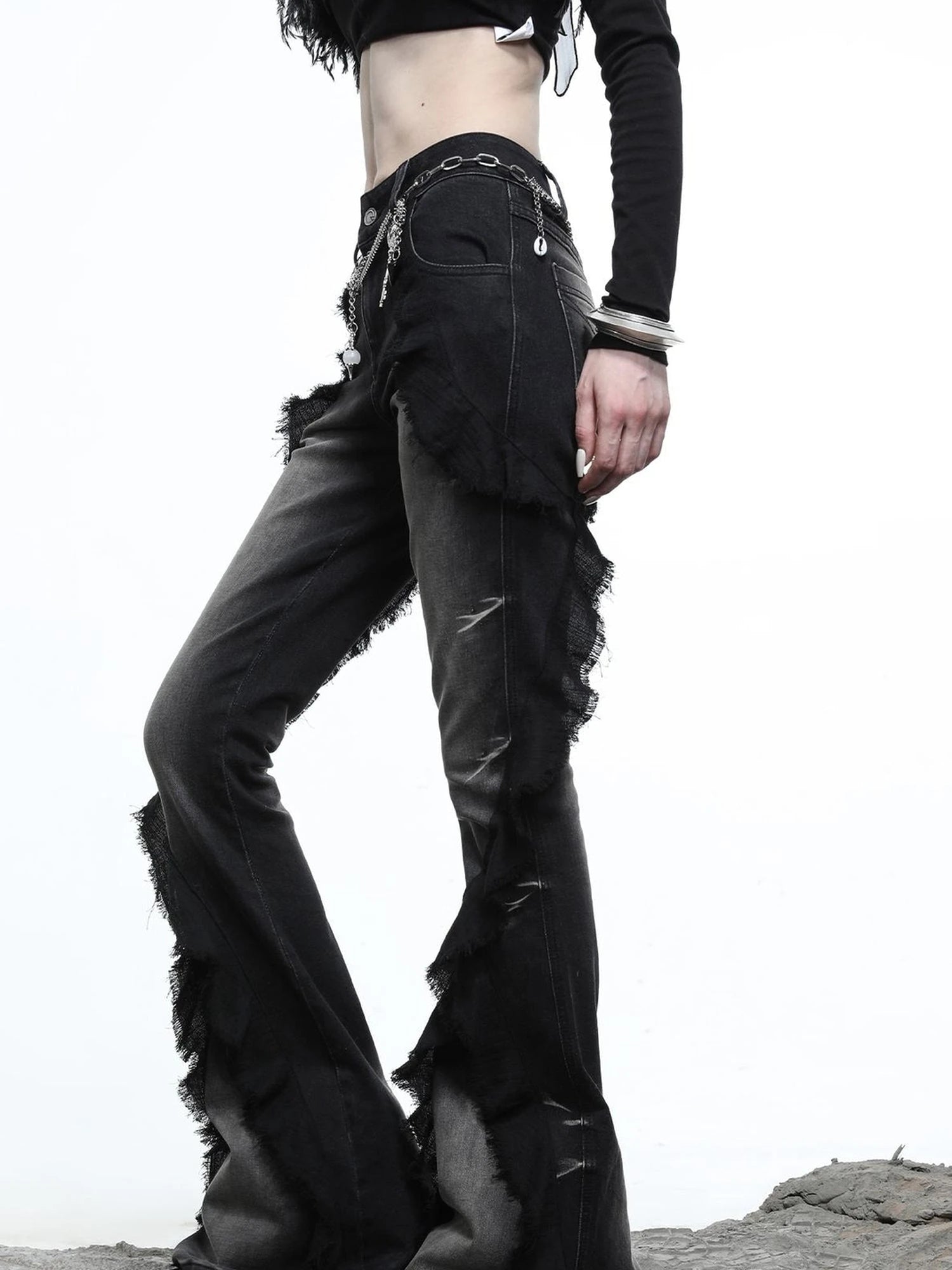 Distressed Denim Flared Pants With Cape Detailing