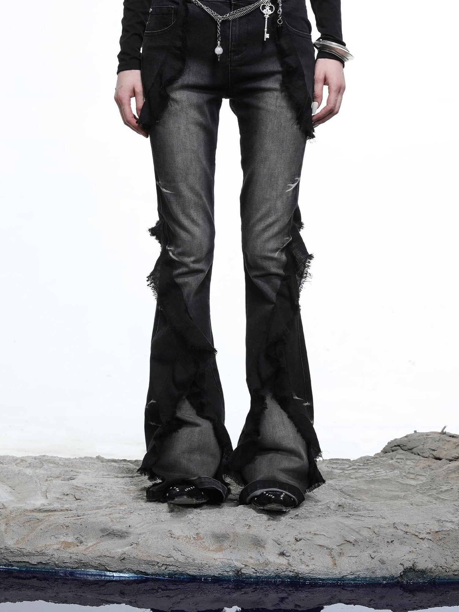 NN NORTH NODE Distressed Denim Flared Pants With Cape Detailing